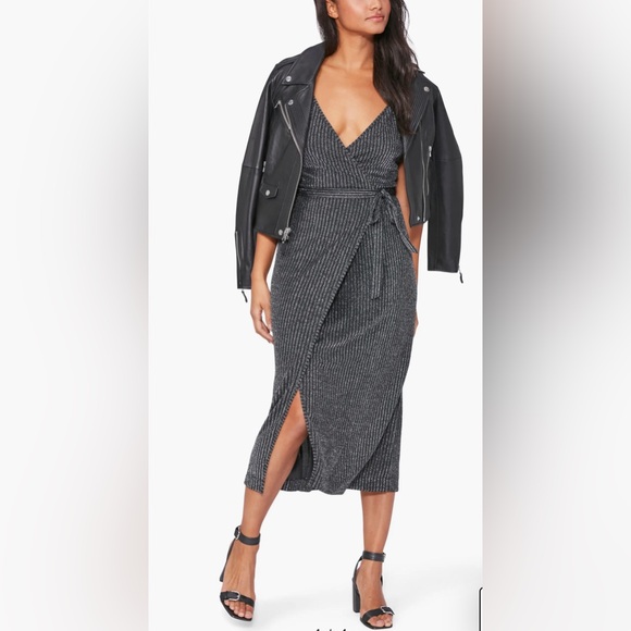 PRICE FIRM Paige Black Silver Pinstripe Metallic V-Neck Wrap Midi Dress S NWT - Picture 3 of 6